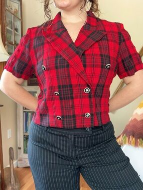 Vintage Y2K Red Black Plaid Cropped Blazer Short Sleeve Emo Goth Large